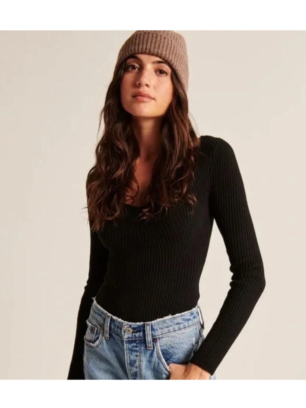 Abercrombi	e & Fitch Women's Ribbed Long-Sleeve Deep-V Sweater Bodysuit - Black